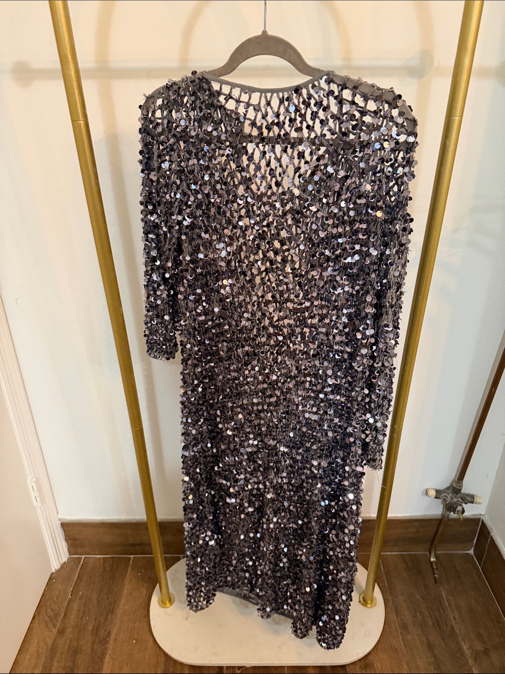 Zara Charcoal Sequined Open-Knit Long Sleeve Dress